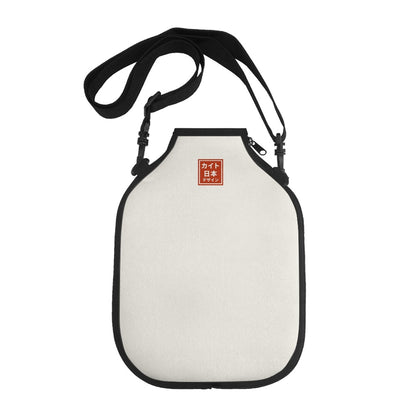 White pouch with black strap and red logo on a white background