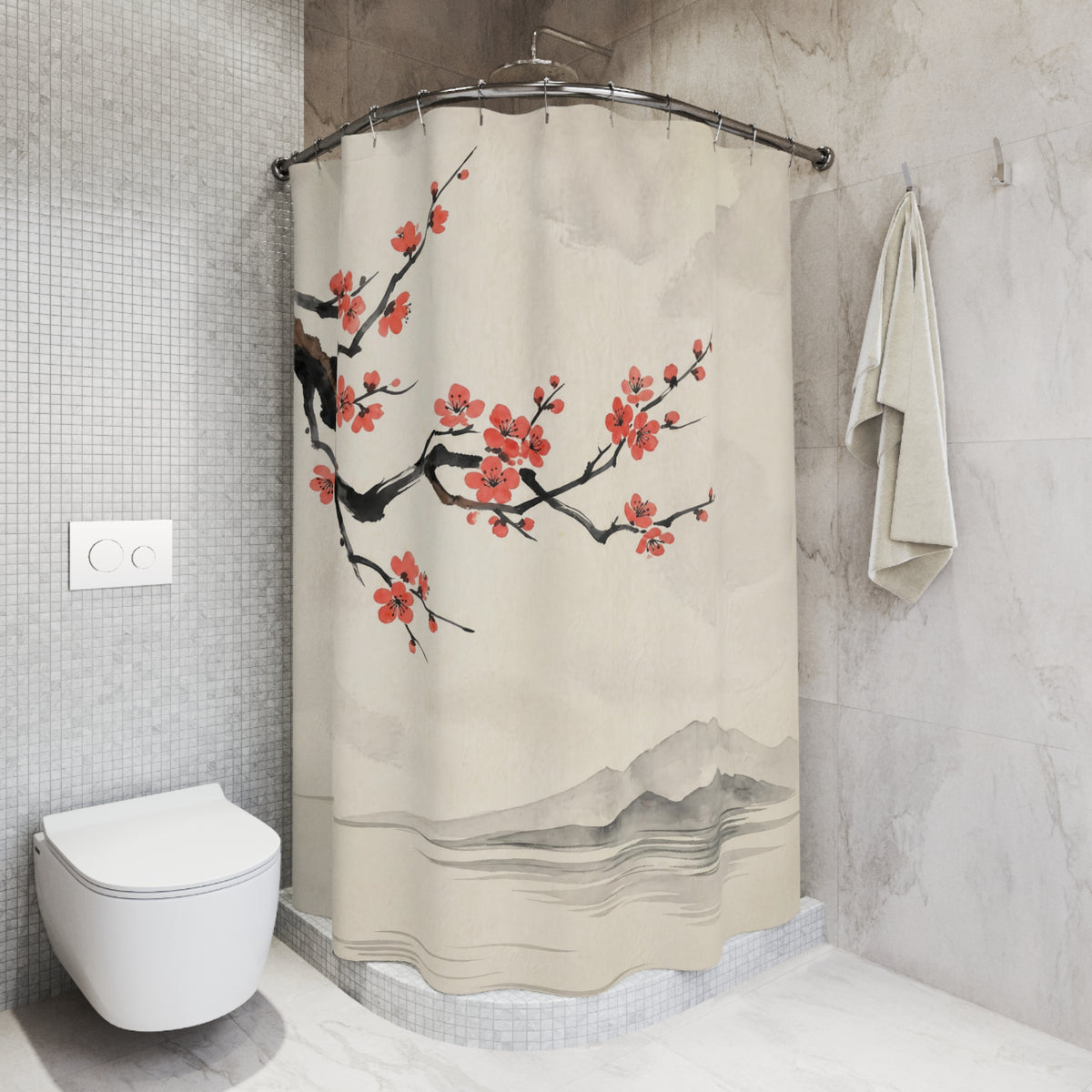 A beige shower curtain with a traditional Japanese-style print of red cherry blossoms and black branches, hanging in a modern gray tiled bathroom next to a white toilet and a folded towel.