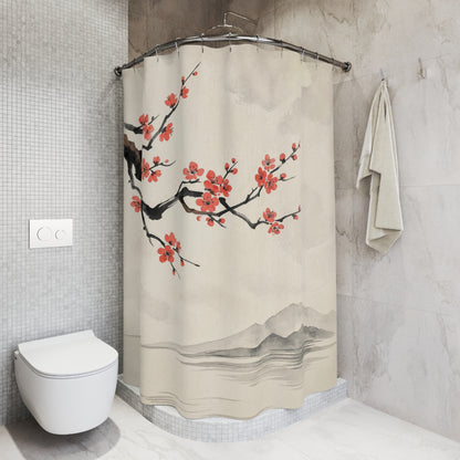 A beige shower curtain with a traditional Japanese-style print of red cherry blossoms and black branches, hanging in a modern gray tiled bathroom next to a white toilet and a folded towel.