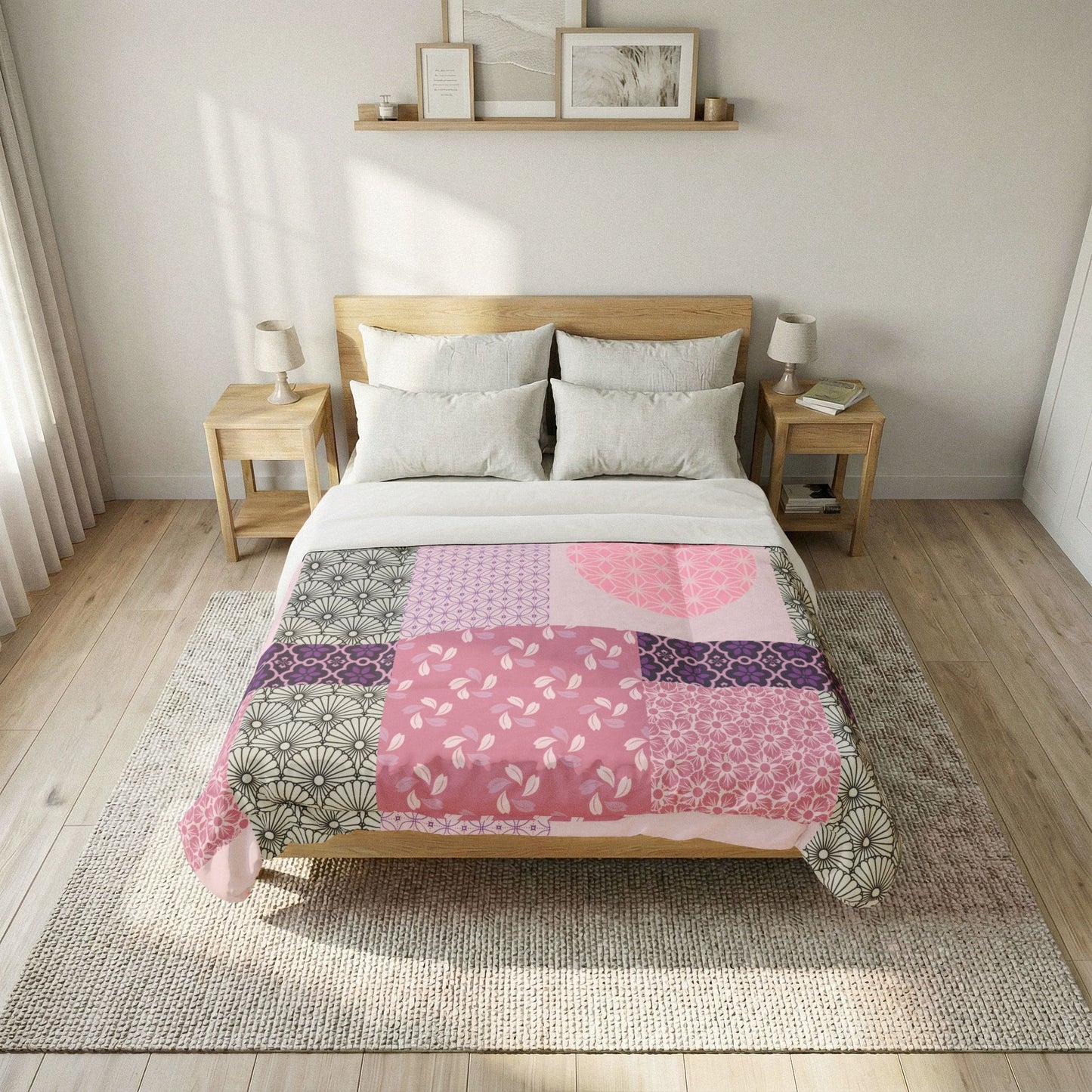 Bed with a colorful patchwork quilt in a bedroom setting. Cotton Heritage