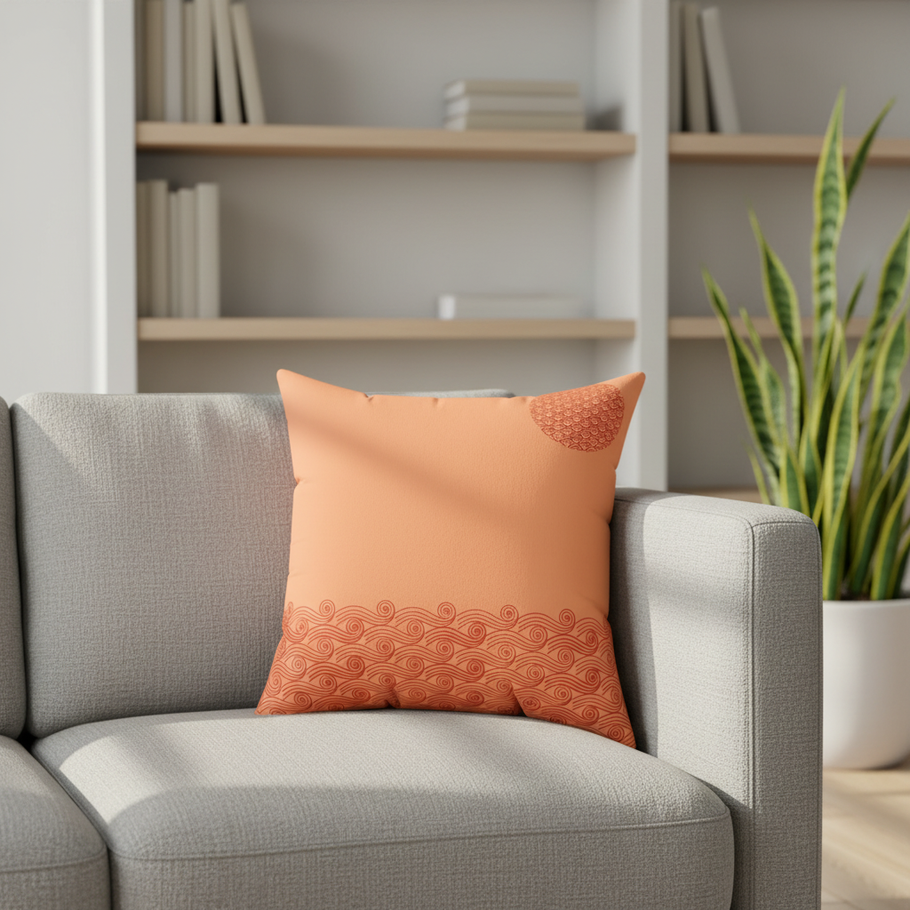 Orange pillow on a gray sofa with a blurred bookshelf and plant in the background