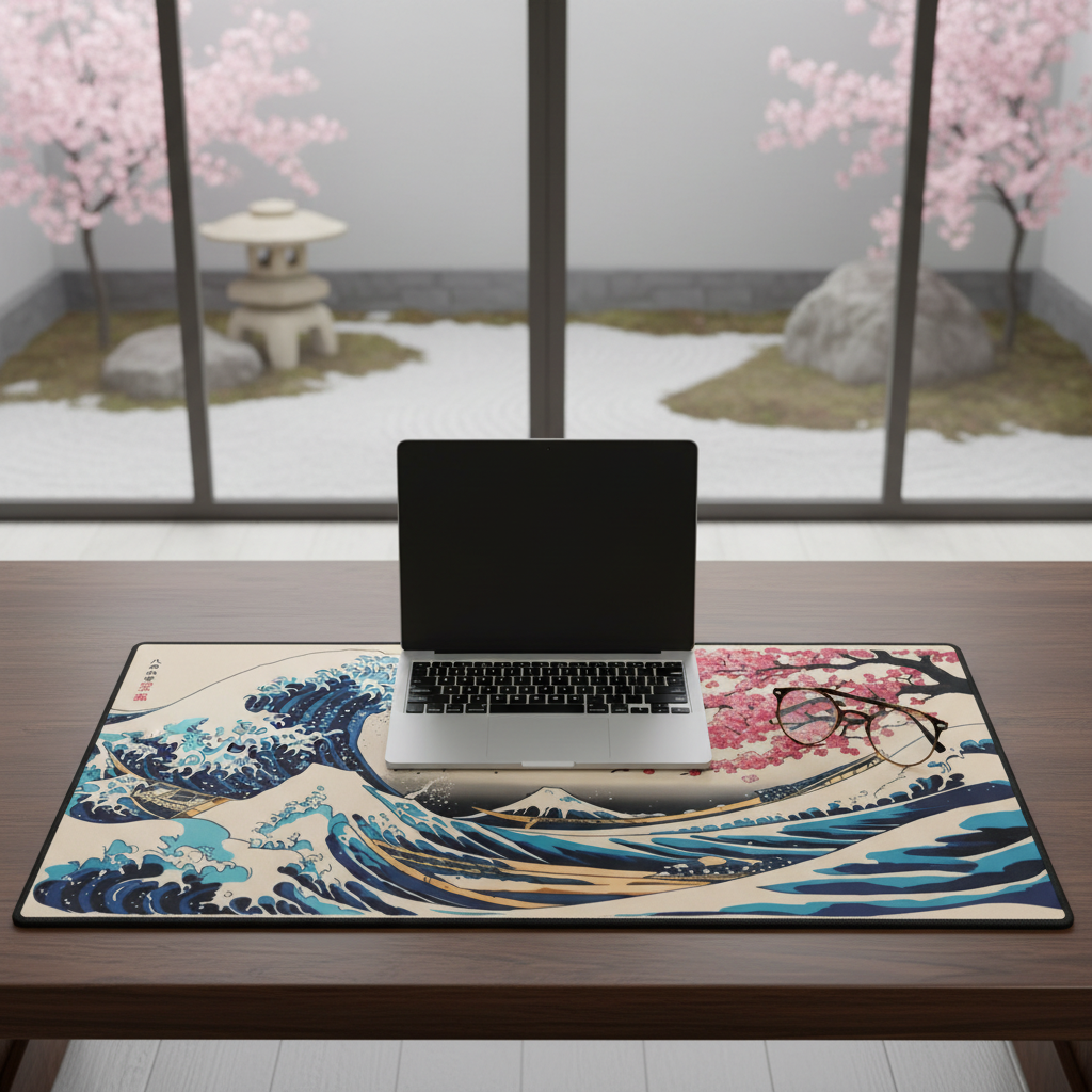 Laptop on a decorative mat with wave design in a room with cherry blossom trees.