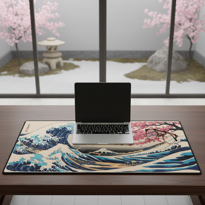Laptop on a decorative mat with wave design in a room with cherry blossom trees.