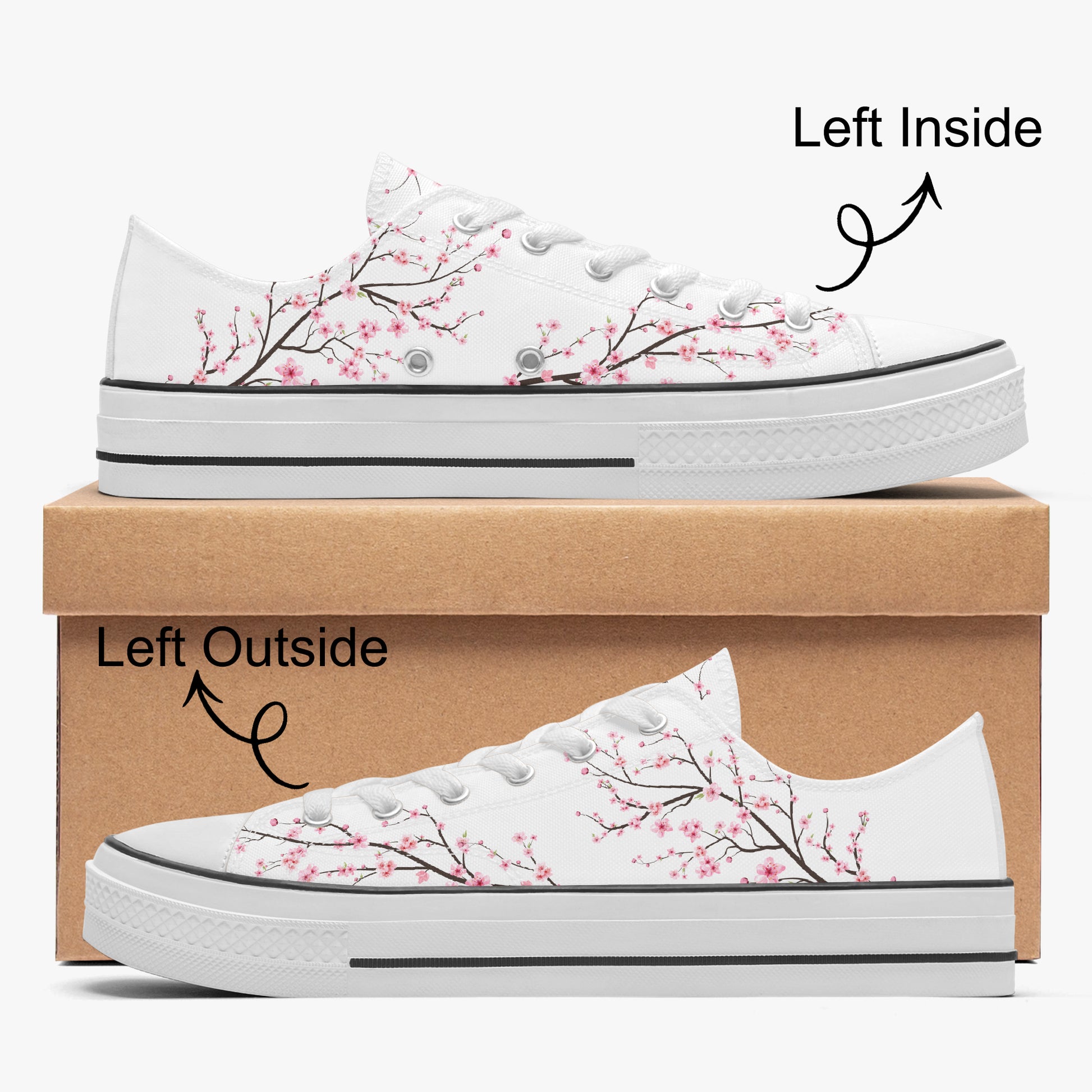 White sneakers with cherry blossom design on a brown box with directional text.