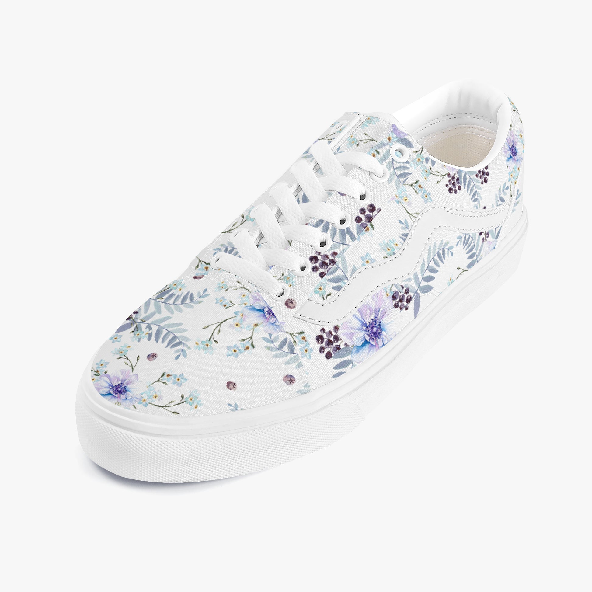 White sneaker with floral pattern on a white background