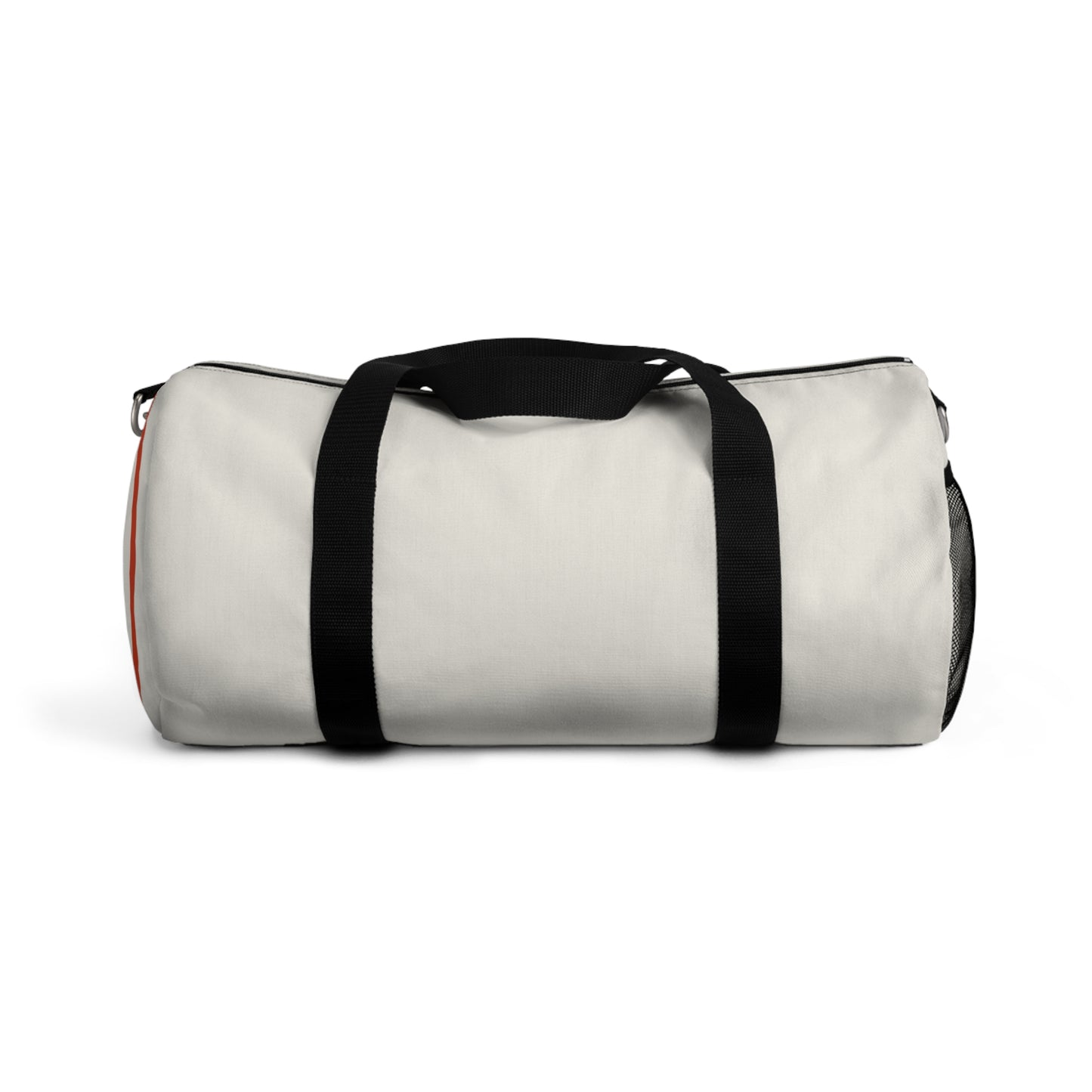 White duffel bag with black straps on a white background
