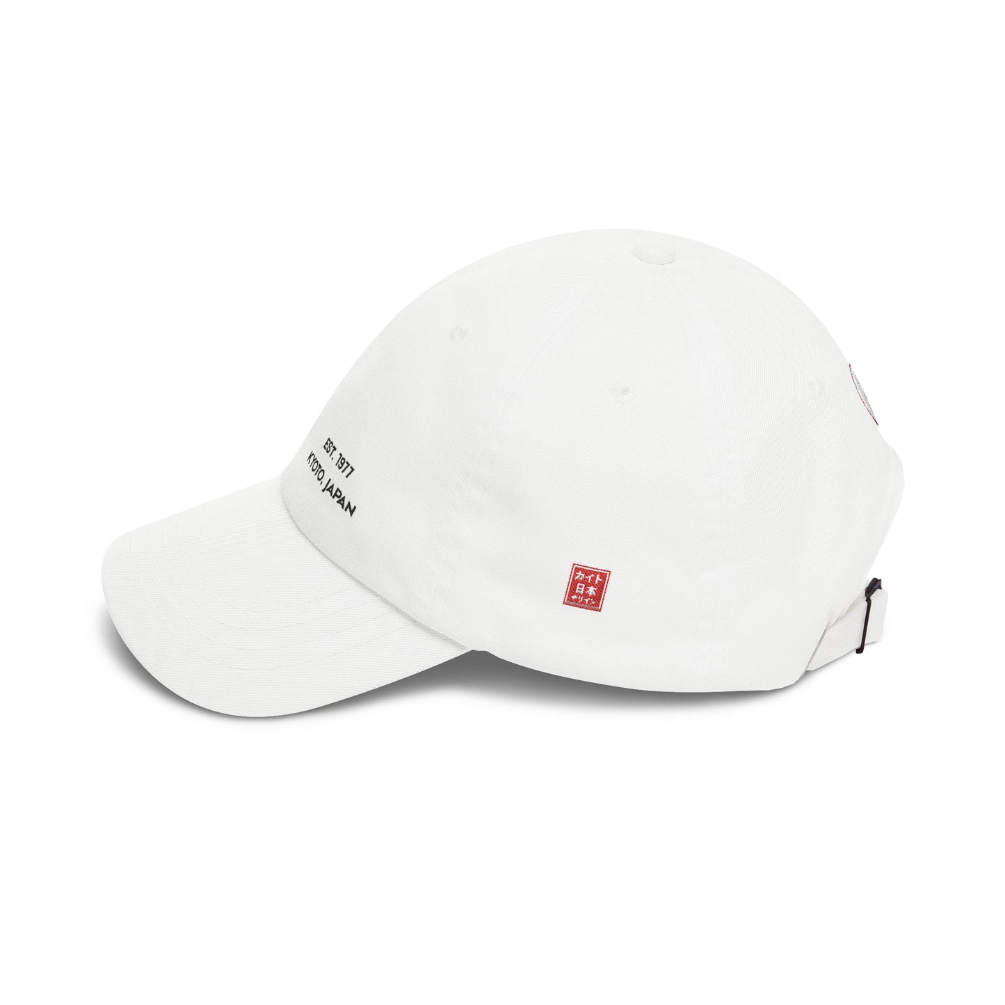 White baseball cap with brand logo on a white background