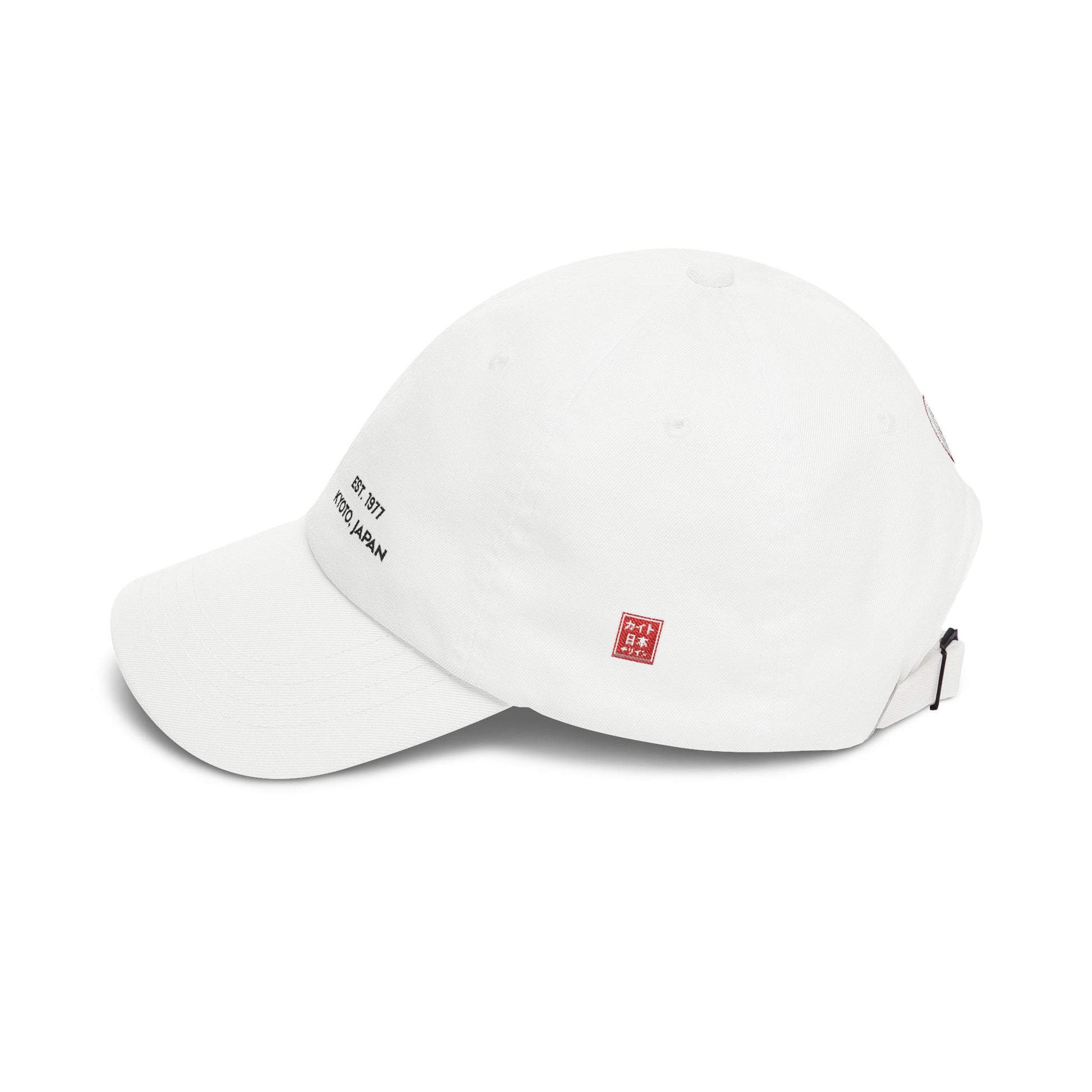 White baseball cap with brand logo on a white background