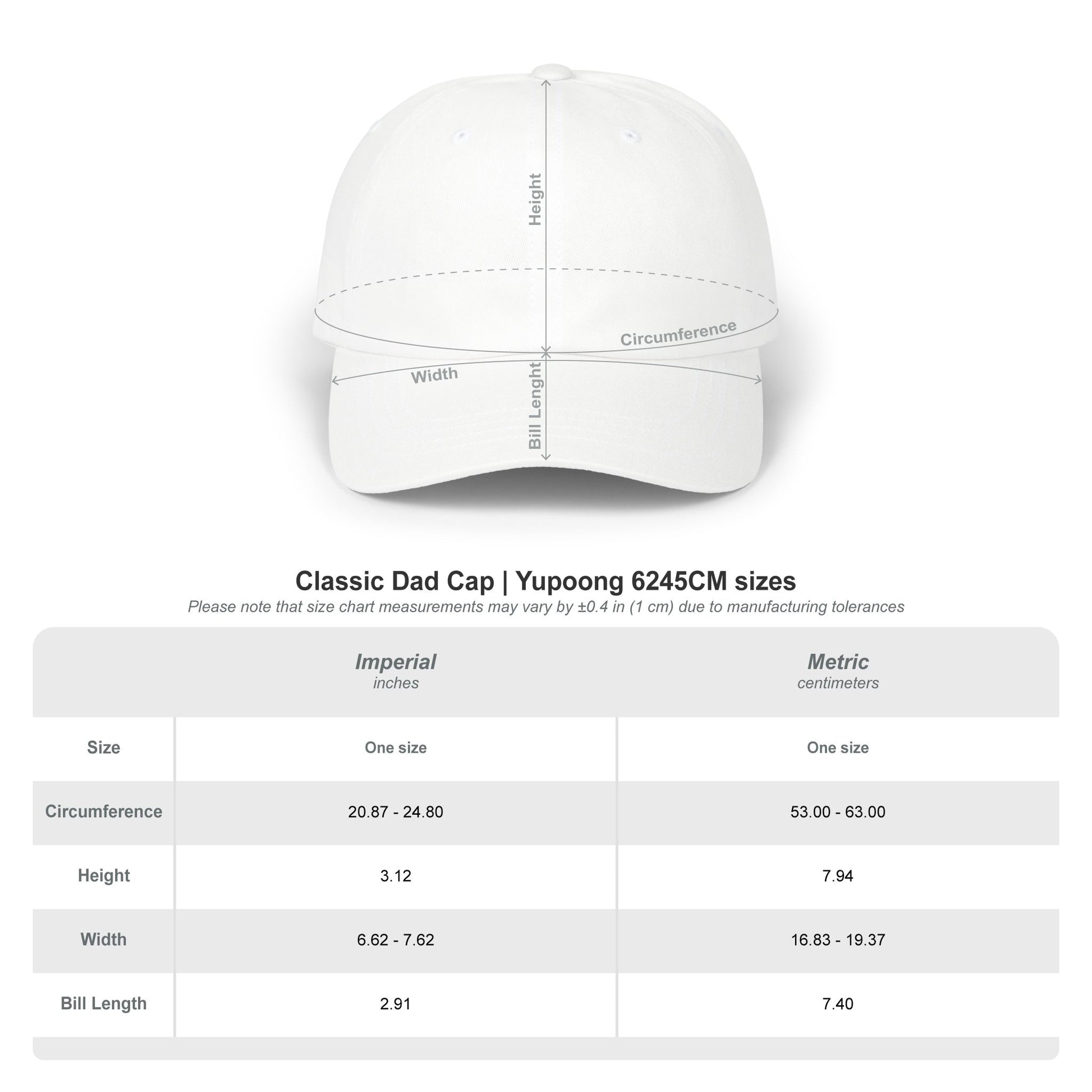 White cap with measurement chart on a white background