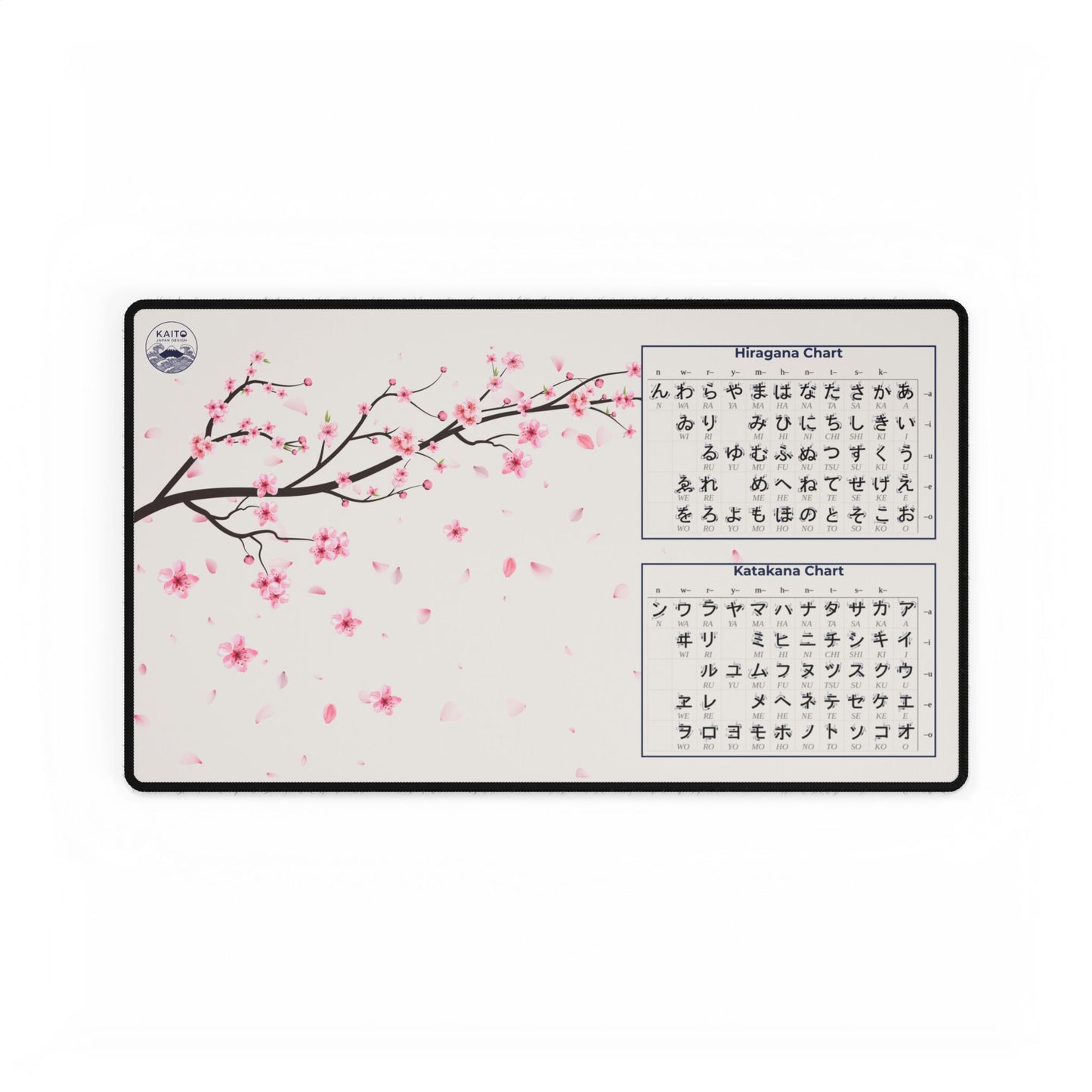 Deskmat with cherry blossom design and Japanese character charts on a white background