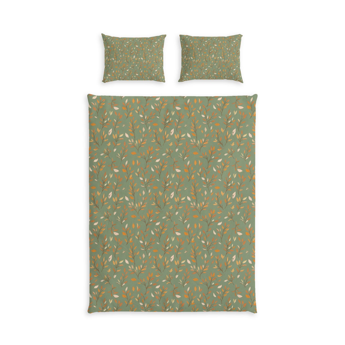 A bedding set featuring a duvet cover and two matching pillowcases with a sage green background and an all-over pattern of small orange and cream leaves and branches, shown flat against a white background.