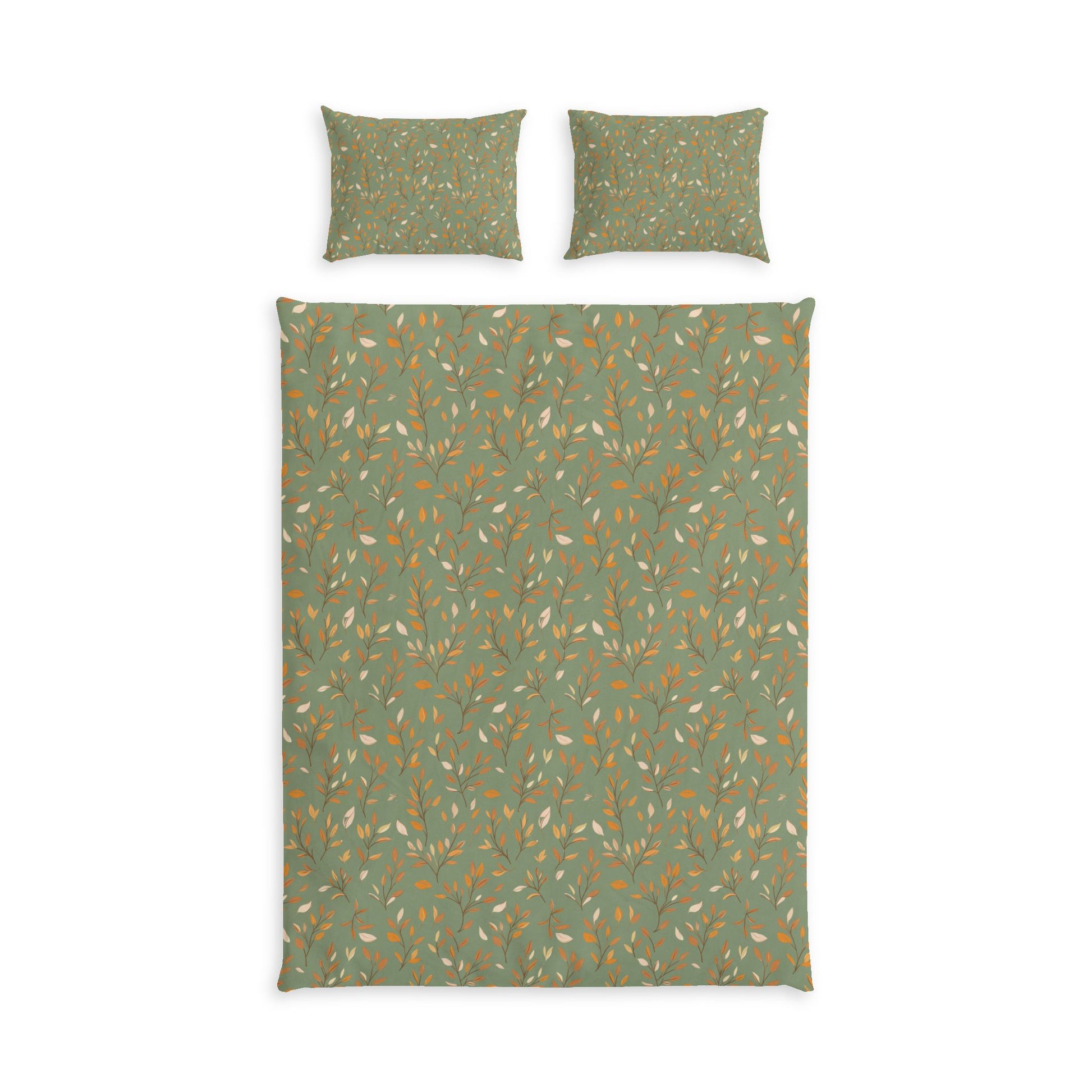 A bedding set featuring a duvet cover and two matching pillowcases with a sage green background and an all-over pattern of small orange and cream leaves and branches, shown flat against a white background.