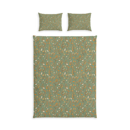 A bedding set featuring a duvet cover and two matching pillowcases with a sage green background and an all-over pattern of small orange and cream leaves and branches, shown flat against a white background.