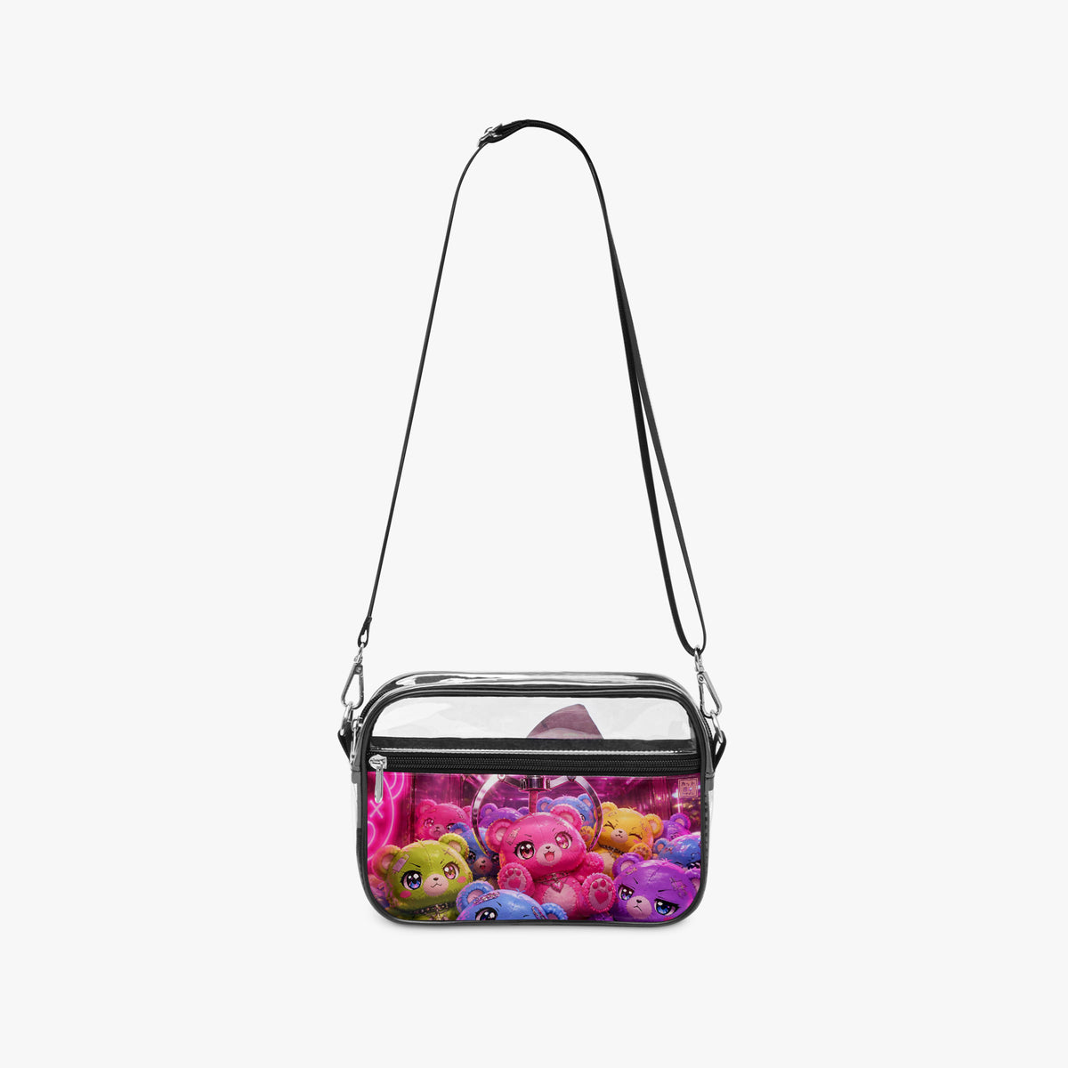 A clear plastic crossbody bag with a black strap and trim, filled with colorful plush toys, shown against a plain light gray background.