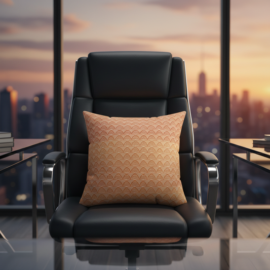 Black leather armchair with a patterned pillow in an office setting with cityscape view