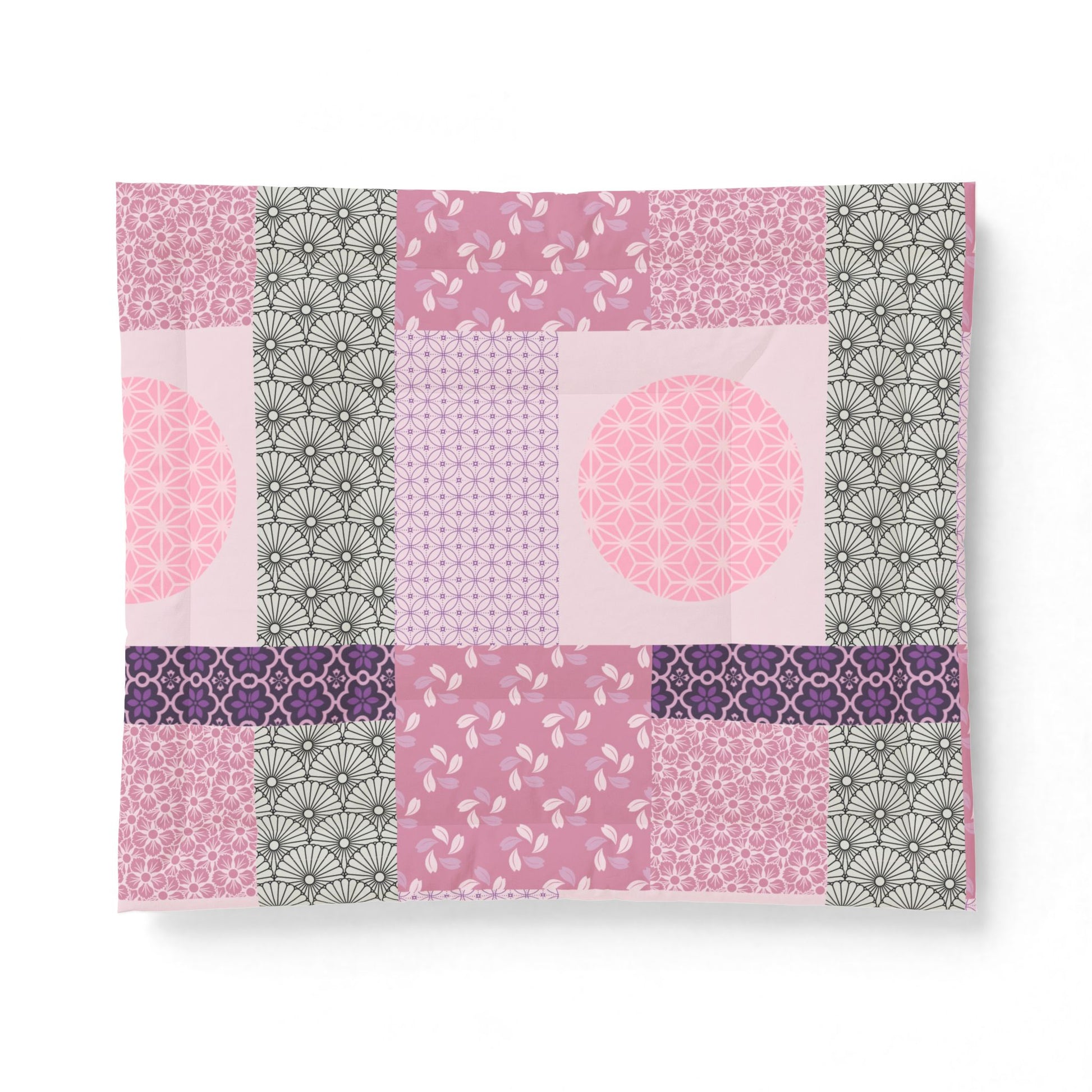 Patchwork pattern with pink, purple, and gray colors on a white background