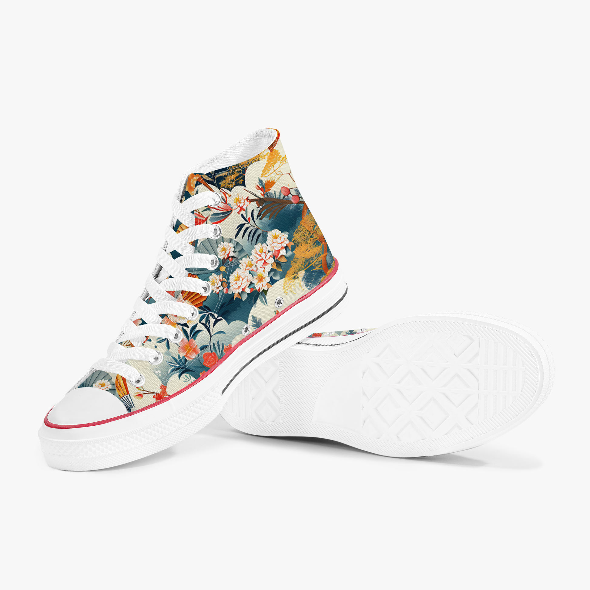 Floral patterned high-top sneakers on a white background