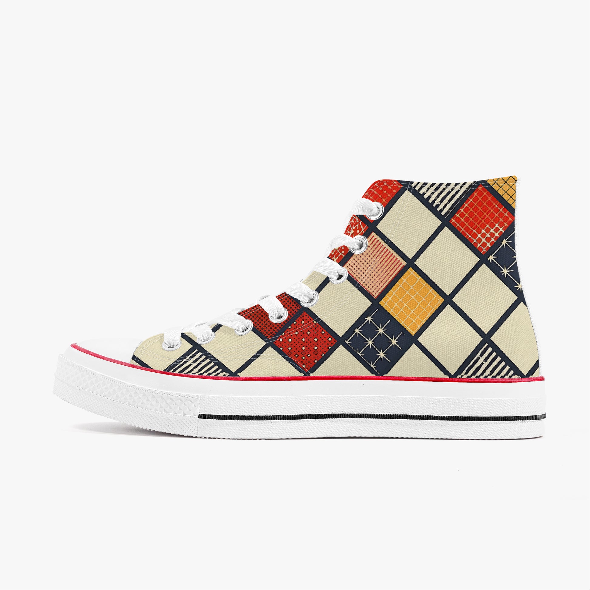 High-top sneaker with geometric pattern on a white background