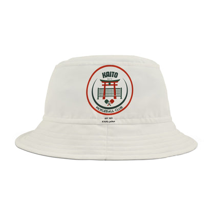 White bucket hat with a logo on a white background