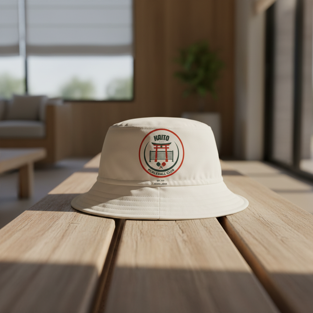 White bucket hat with a logo on a white background