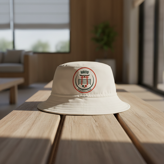 White bucket hat with a logo on a white background