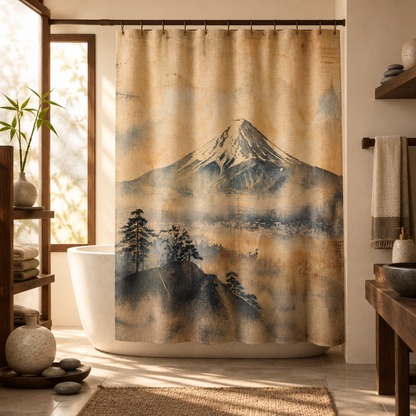 A beige fabric shower curtain featuring an artistic print of Mount Fuji with misty forests, hanging in a warm, modern bathroom next to a white freestanding tub.