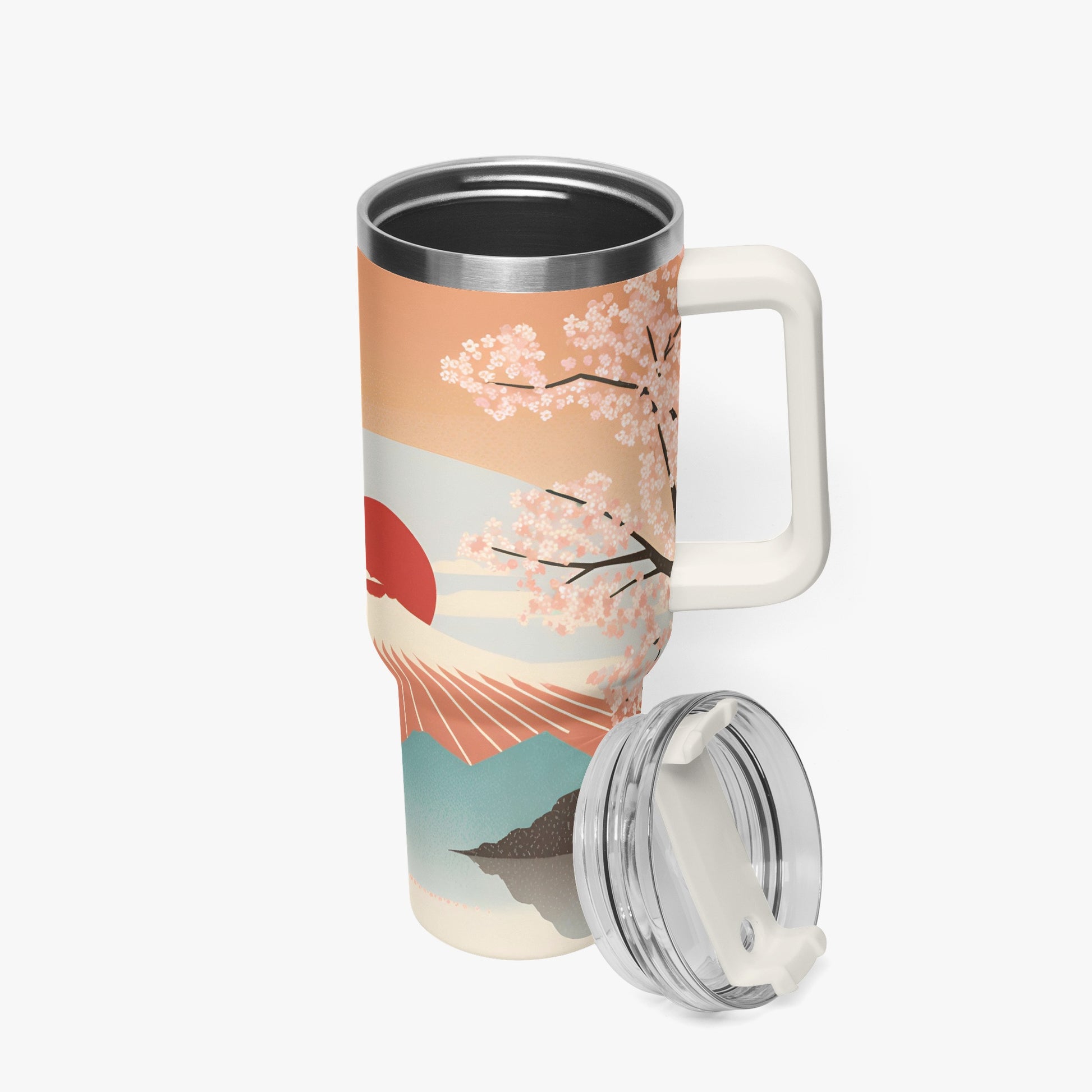 Sunrise Temple Car Tumbler Cup Cream White Handle