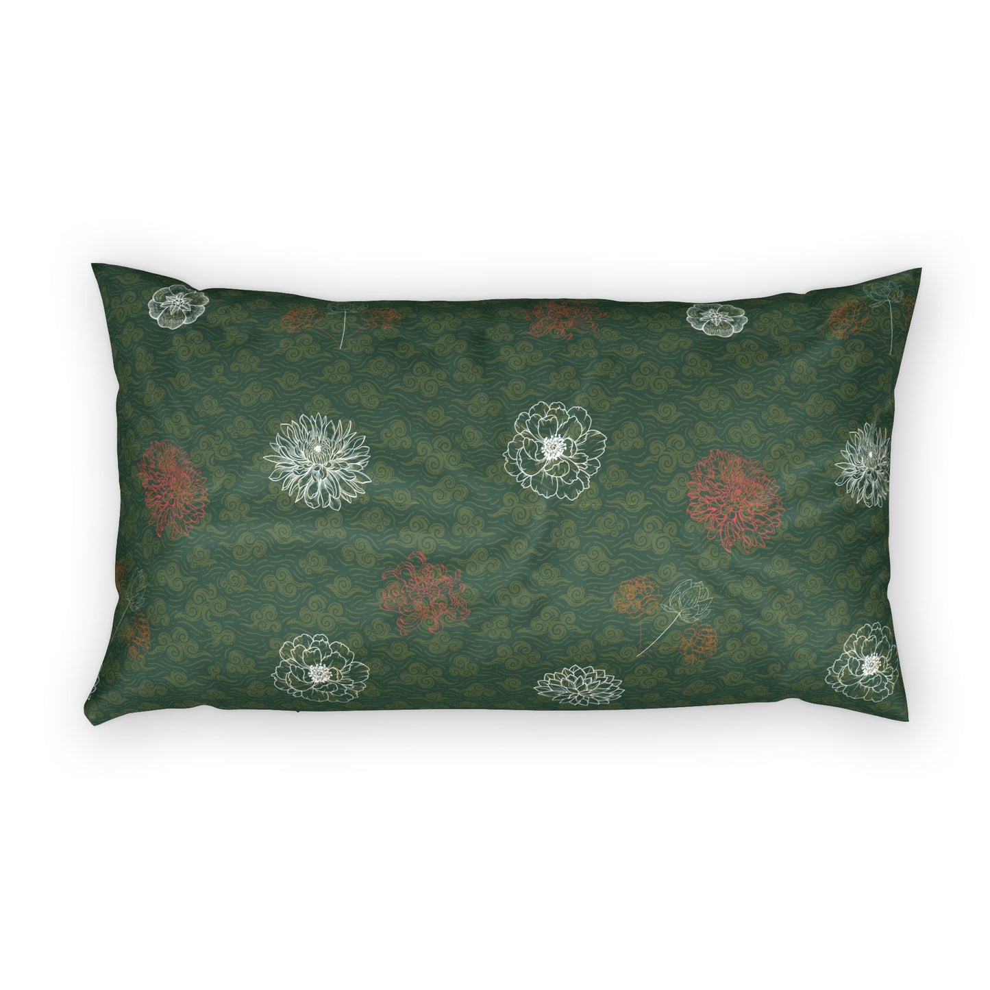 A rectangular lumbar pillow featuring a dark green background with a repeating pattern of white floral motifs and rust-red flower accents, shown against a plain white background.