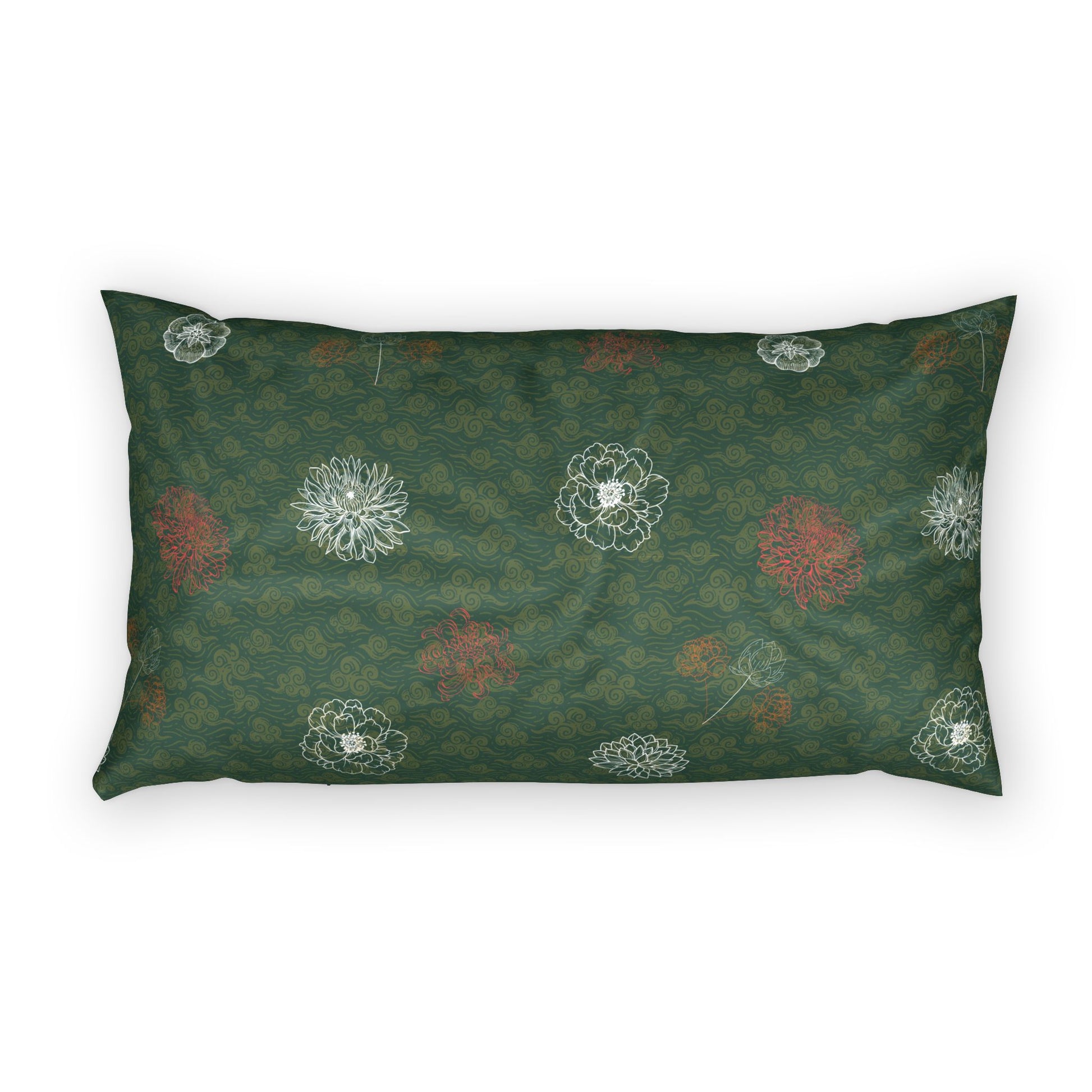 A rectangular lumbar pillow featuring a dark green background with a repeating pattern of white floral motifs and rust-red flower accents, shown against a plain white background.
