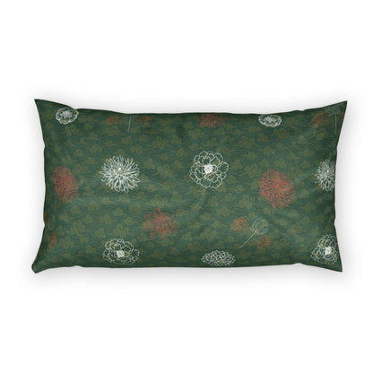 A rectangular lumbar pillow featuring a dark green background with a repeating pattern of white floral motifs and rust-red flower accents, shown against a plain white background.