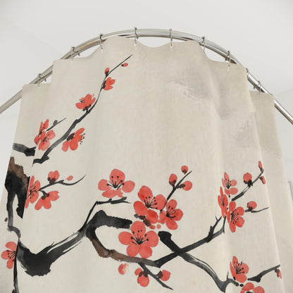 An off-white fabric shower curtain featuring a traditional Chinese-style print of red blossoms on black branches, hanging from a curved silver metal rod.