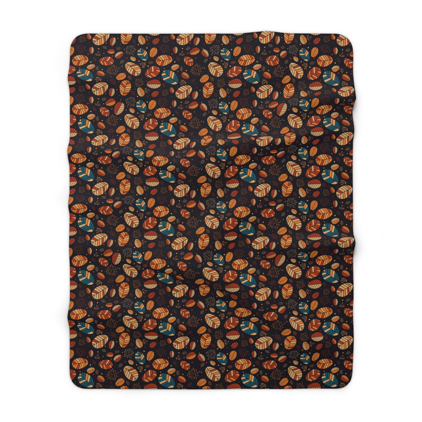 A rectangular throw blanket with a dark charcoal background covered in a dense, repeating pattern of illustrated pumpkins and gourds in orange, brown, and teal, shown flat against a solid white background.