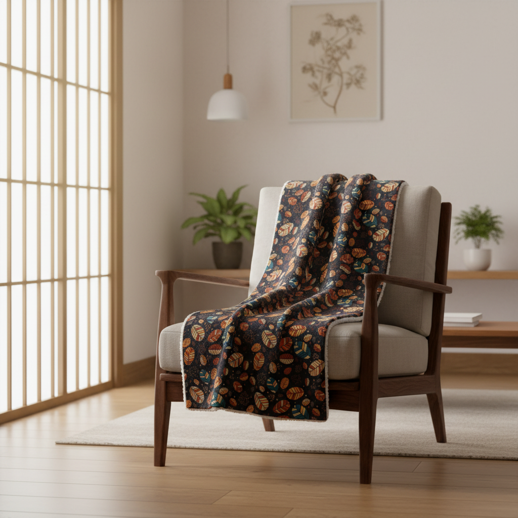 A patterned throw blanket draped over a mid-century modern armchair in a bright, minimalist room with wooden floors and a shoji screen.