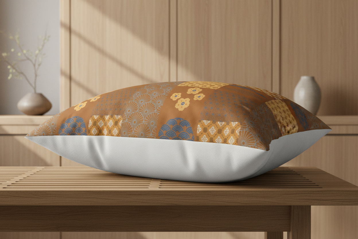 An elegantly styled 100% cotton pillow sham from the Kaito Autumn Harvest collection, showcasing a geometric brown and blue Japanese Wagara patchwork design on the front and a solid white back