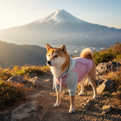 Dog in a pink and gray outfit standing on a rocky path with Mount Fuji in the background
