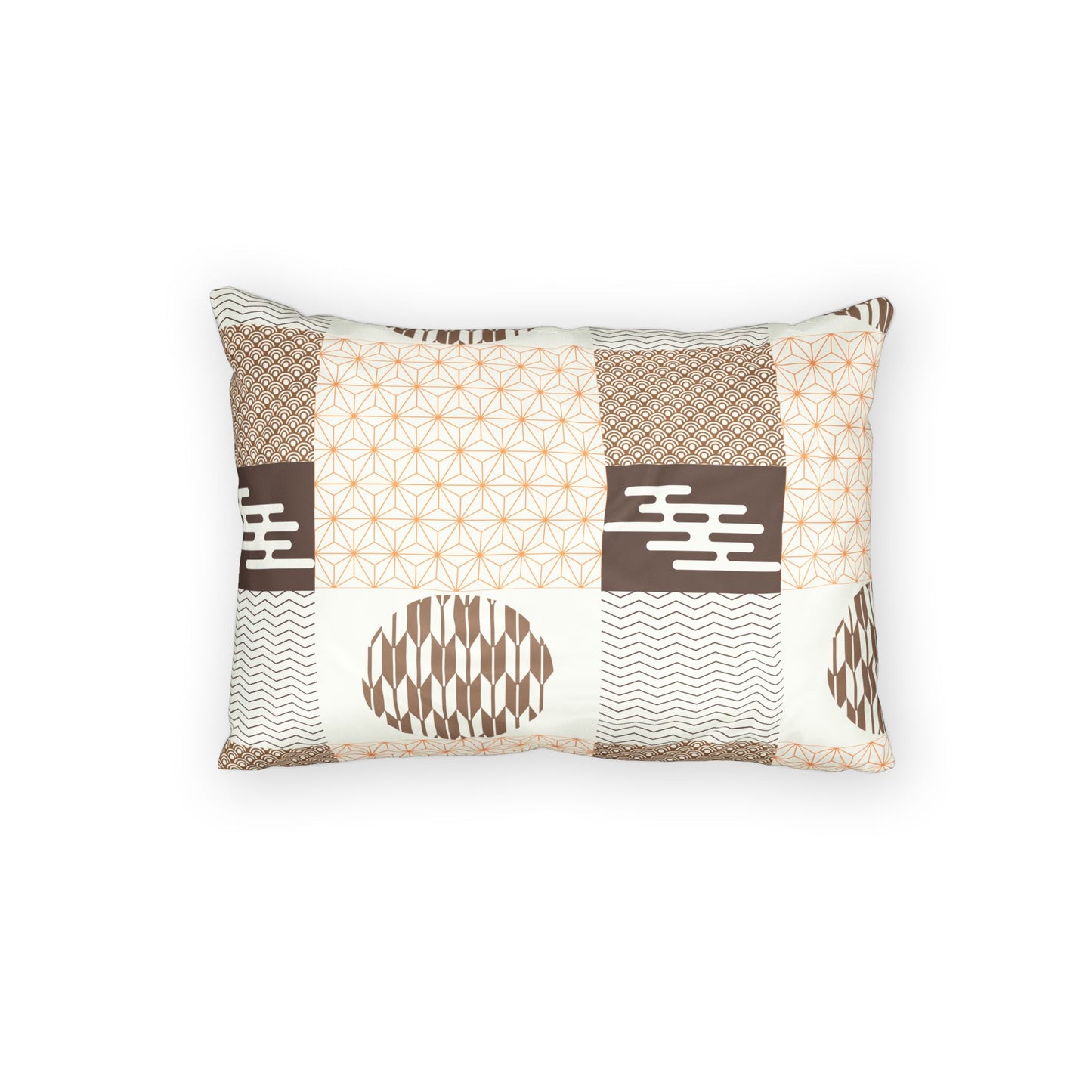 A rectangular throw pillow featuring a patchwork design of geometric and Japanese-inspired patterns in brown, beige, and white, set against a plain white background.
