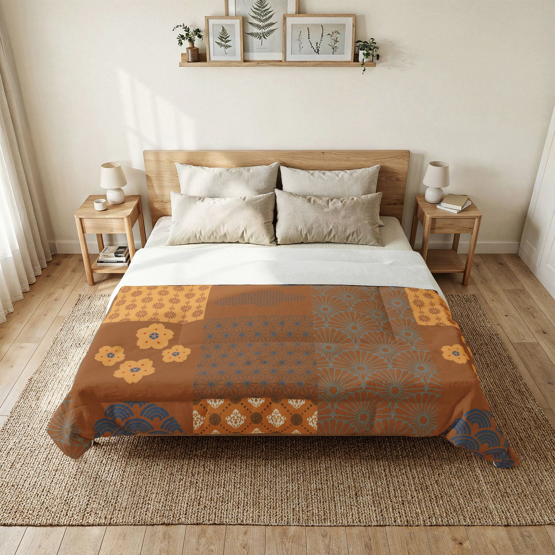 Bedroom with a bed featuring a patterned brown blanket, wooden headboard, and side tables with lamps. Heritage Cotton