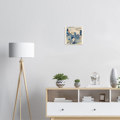 Modern interior with a floor lamp, decorative items on a shelf, and a framed artwork on the wall.