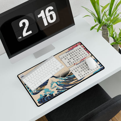 Desk setup with a large mouse pad featuring artistic designs, a keyboard, and a digital clock.