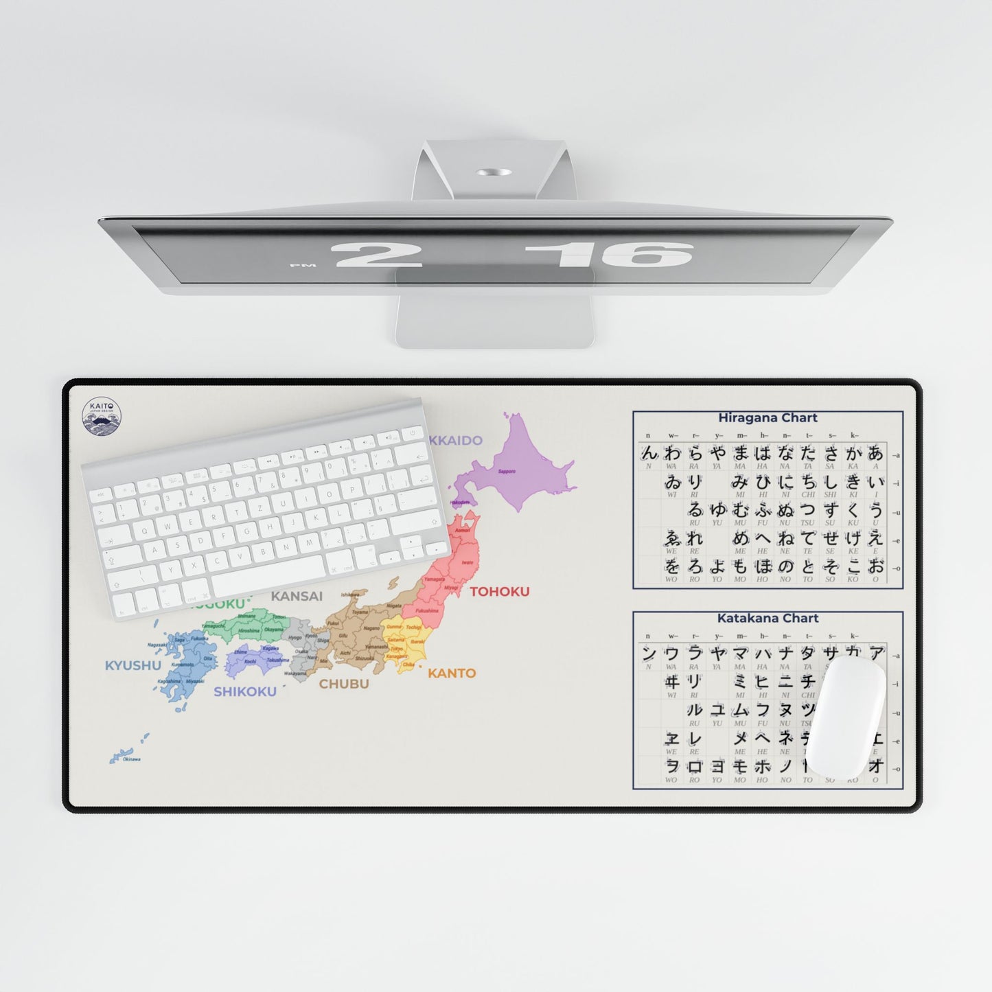 Computer monitor with a desk pad displaying a map and charts on a white background