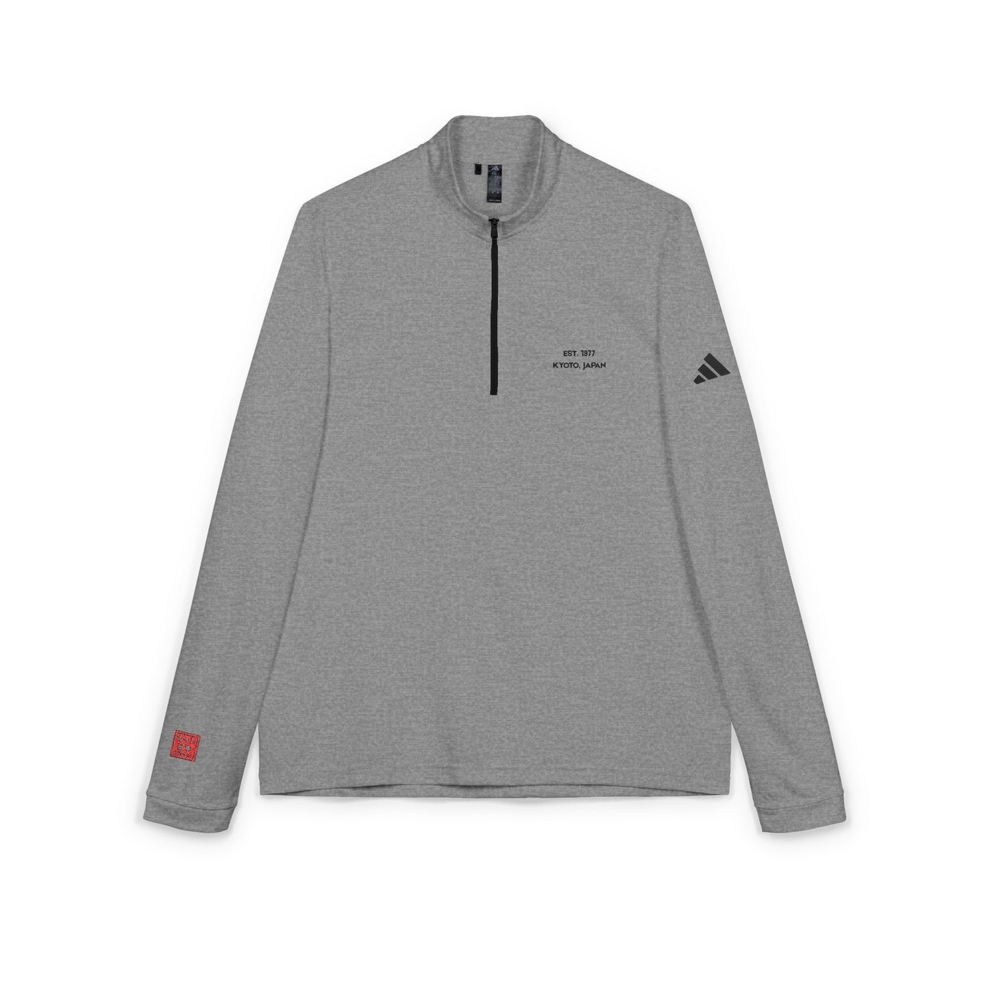 Gray long-sleeve athletic shirt with a zipper on a white background