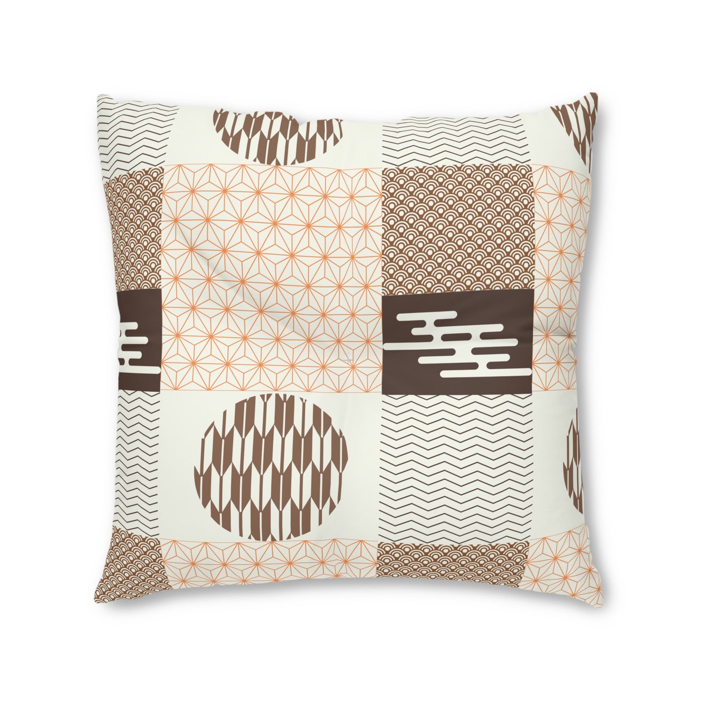 A square decorative throw pillow featuring a patchwork-style geometric pattern in brown, beige, and orange on an off-white background.
