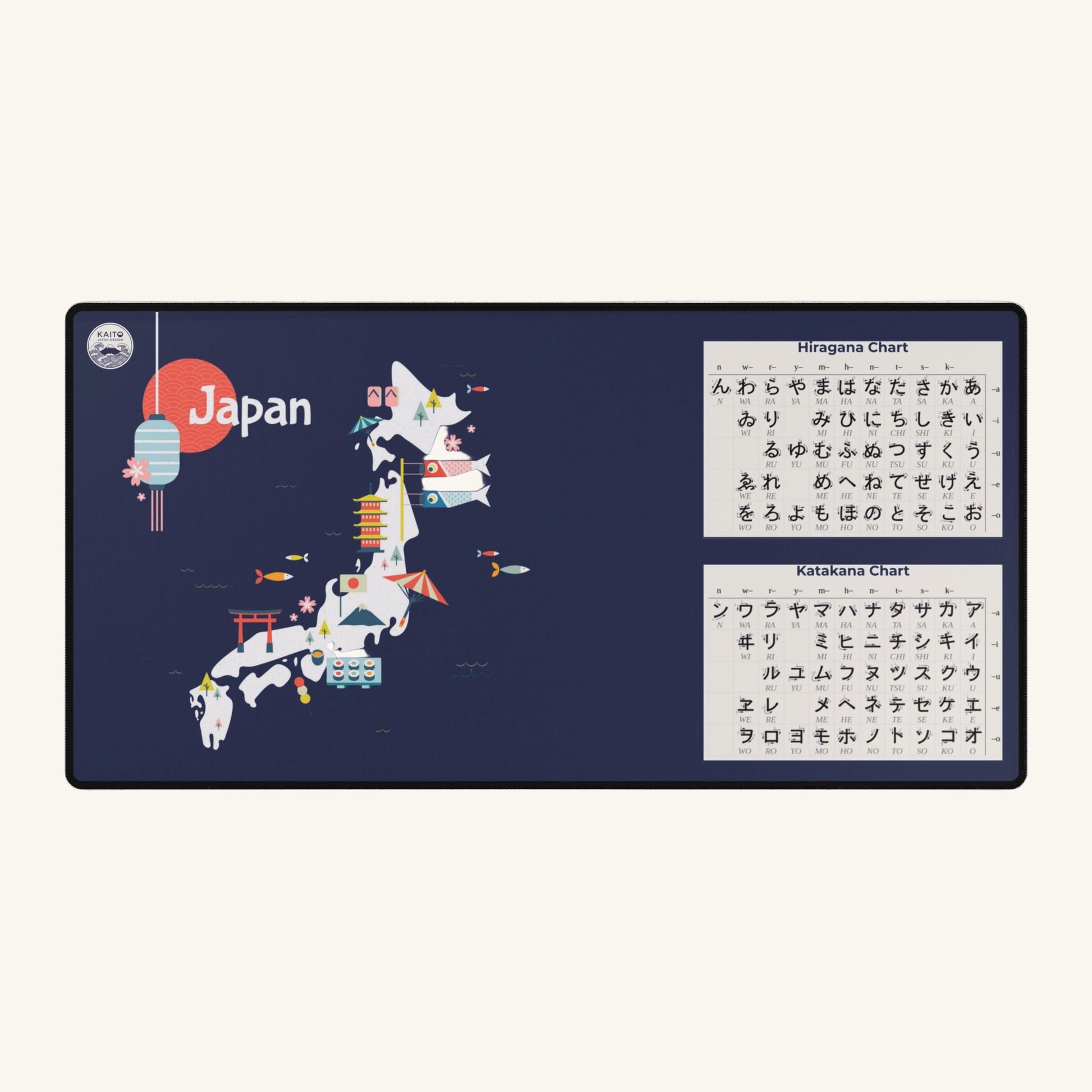 A large, dark blue desk mat featuring a stylized, colorful map of Japan. The mat also includes Hiragana and Katakana charts for learning Japanese.