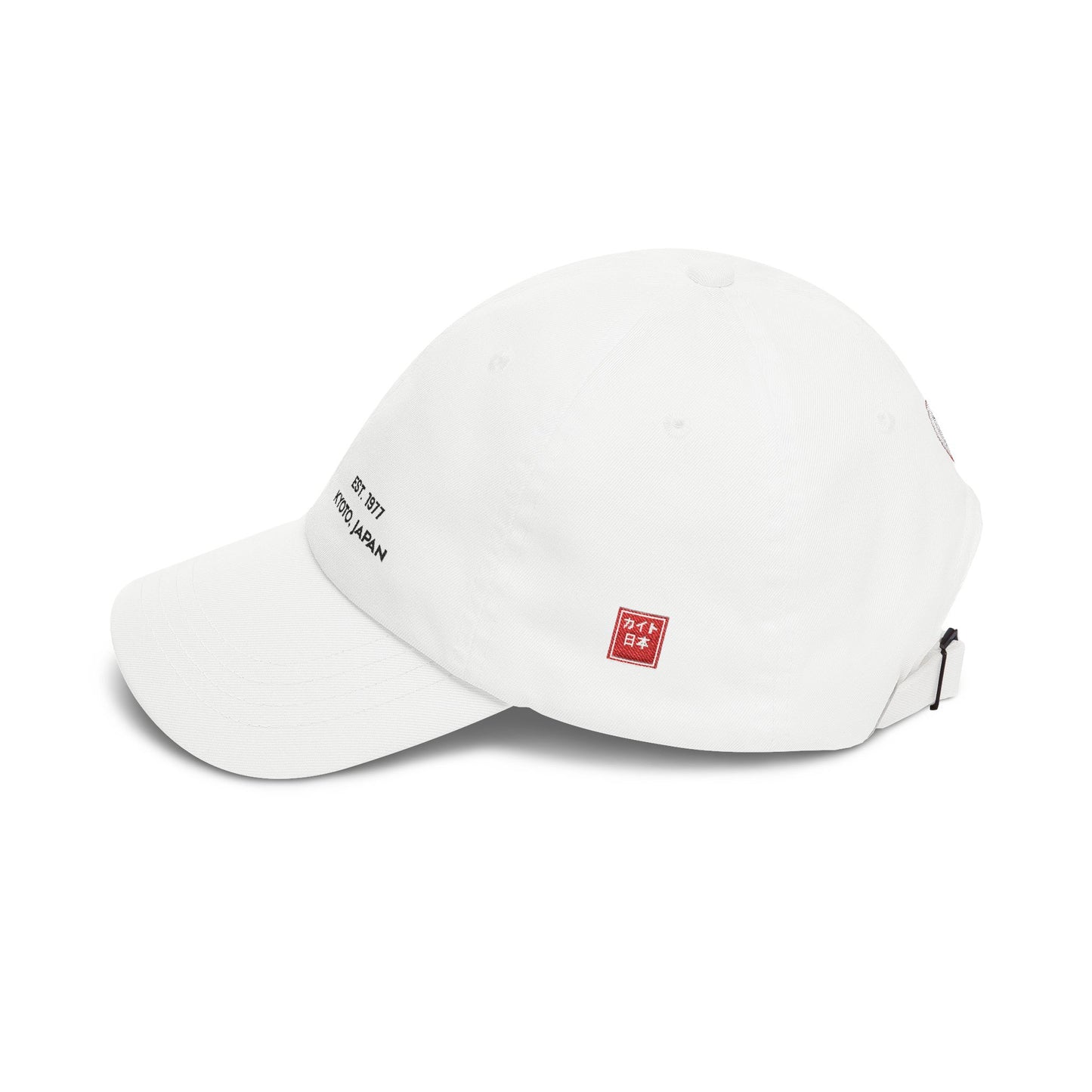 White cap with red and black logos on a white background