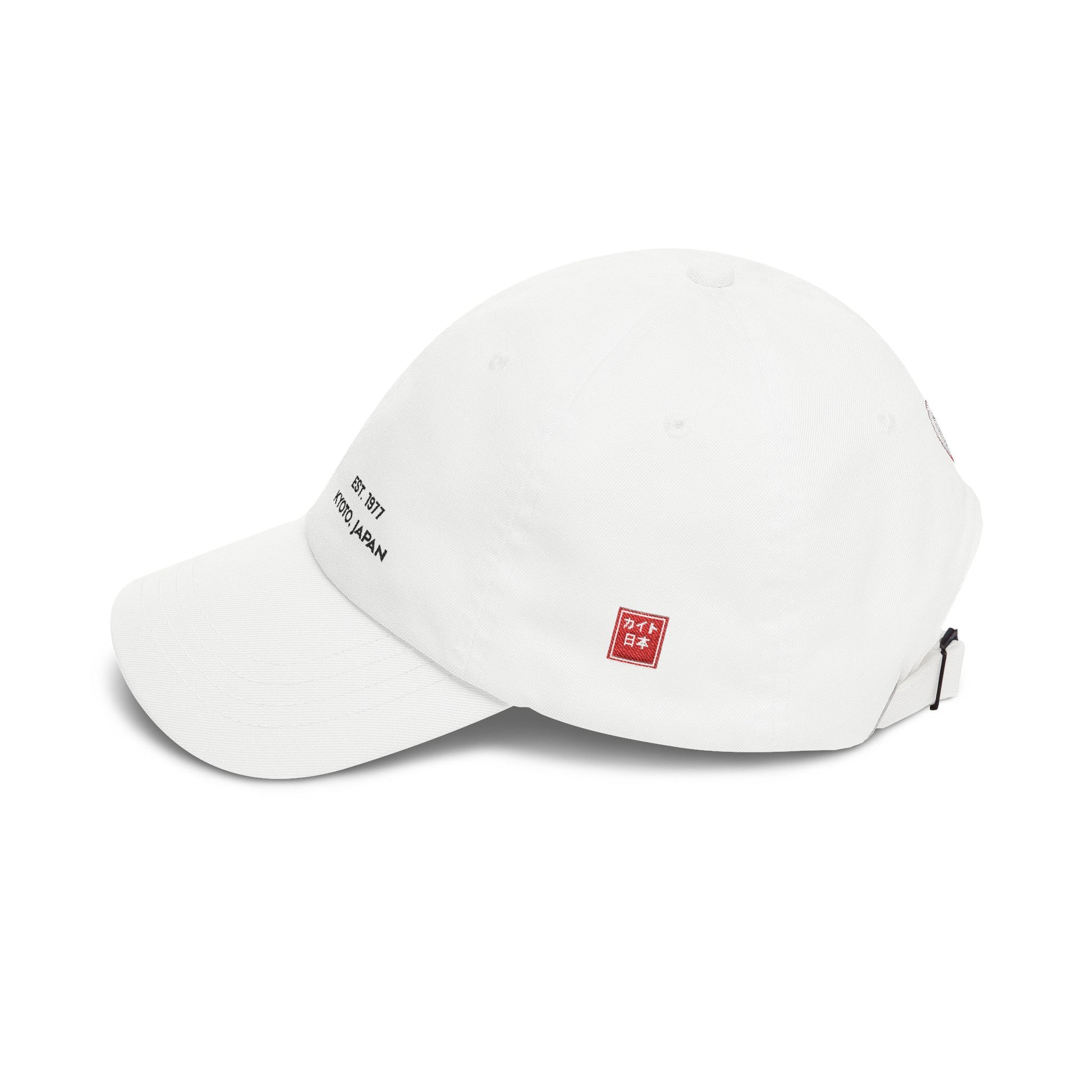 White cap with red and black logos on a white background