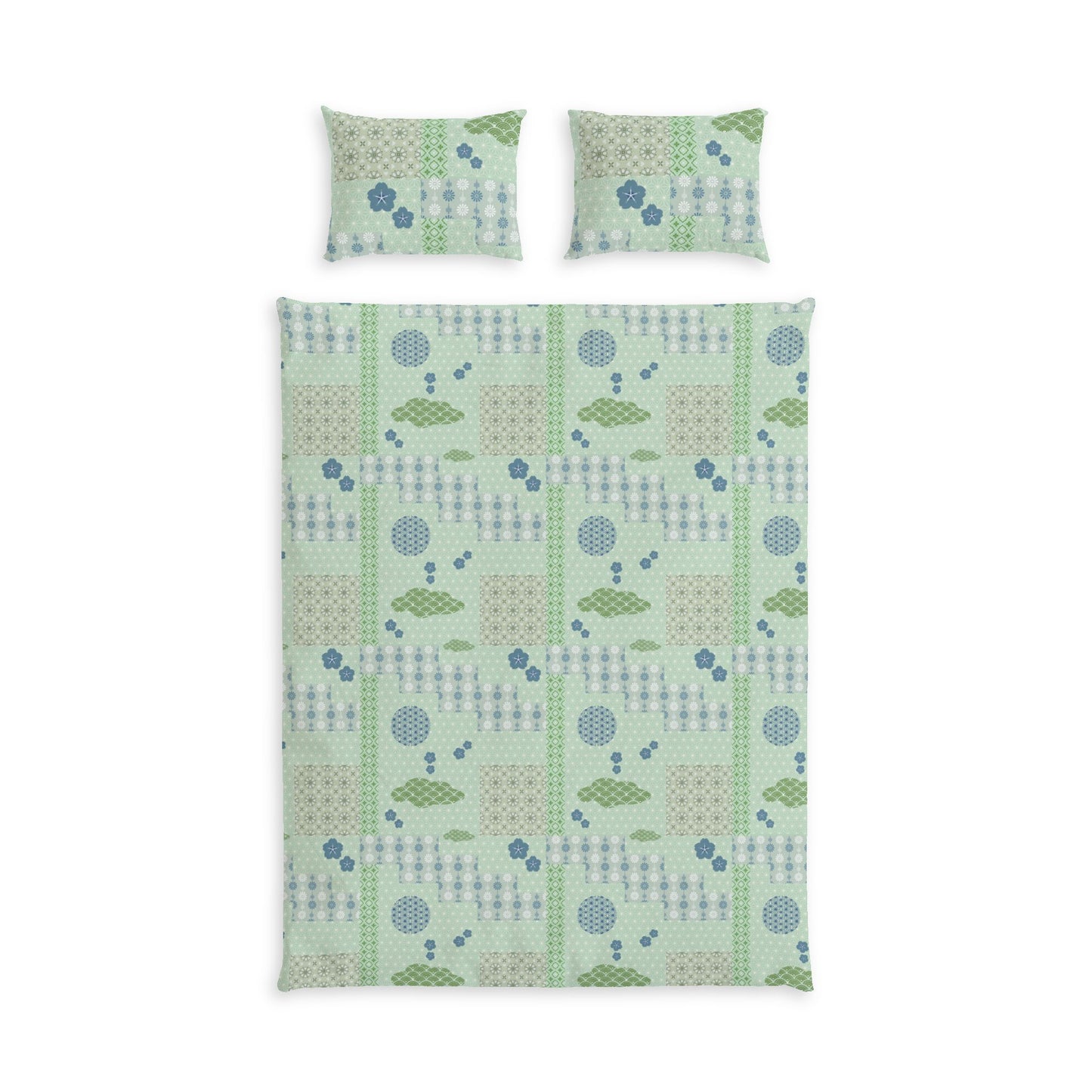 A bedding set featuring a duvet cover and two matching pillowcases with a patchwork-style geometric pattern in sage green, light blue, and beige on a white background.