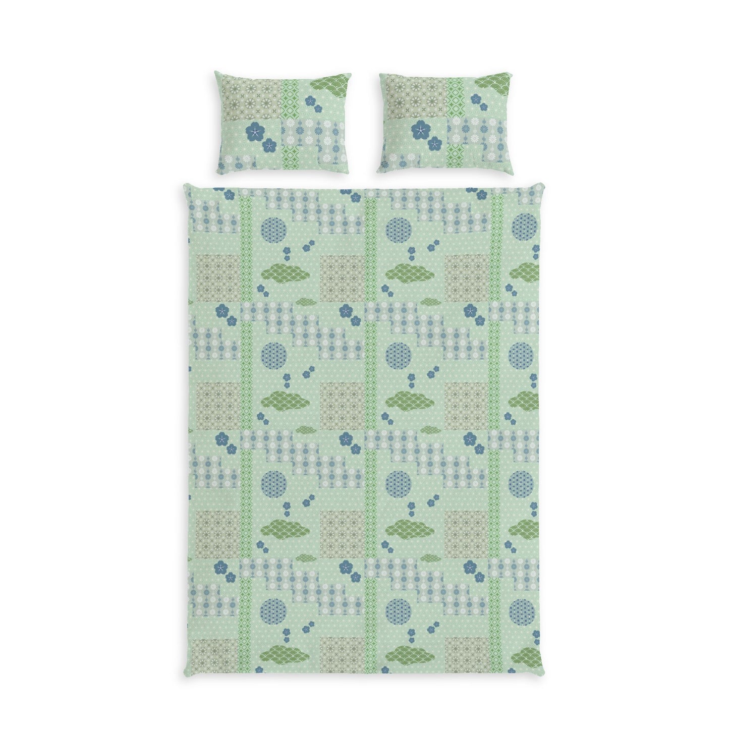 A bedding set featuring a duvet cover and two matching pillowcases with a light green and blue geometric pattern of trees, circles, and stripes, displayed on a solid white background.