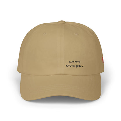 Beige cap with text on a white background