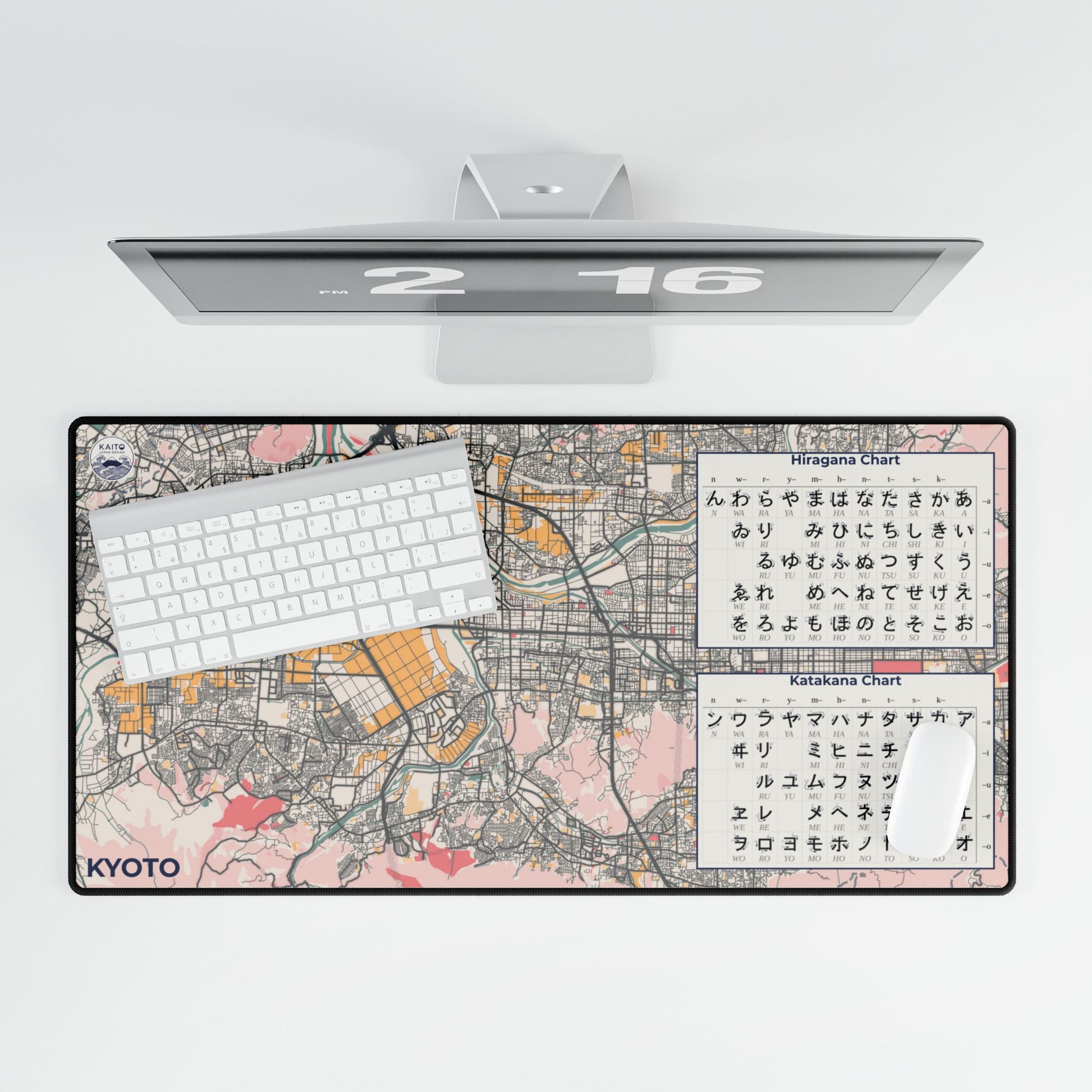 Desk setup with a large mouse pad featuring a map design and keyboard on a white background