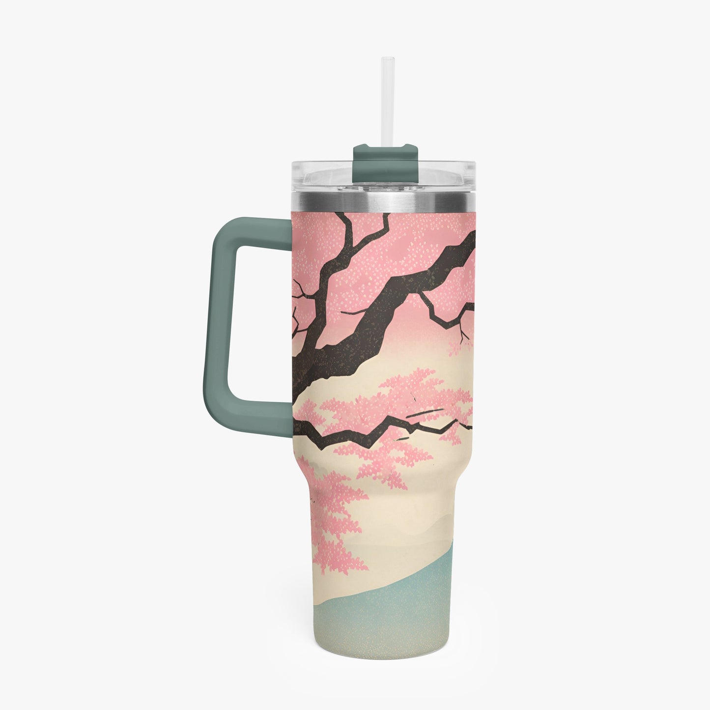 Fuji Dreams Car Tumbler Cup grey green Handle